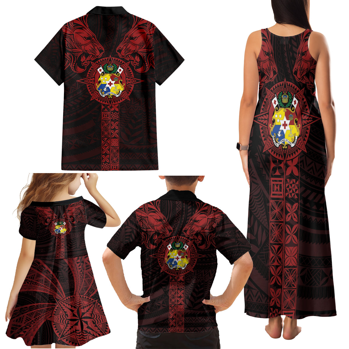 Tonga Independence Day Family Matching Tank Maxi Dress and Hawaiian Shirt Tongatapu Lion Ngatu Motifs Black Ver. LT7 - Polynesian Pride
