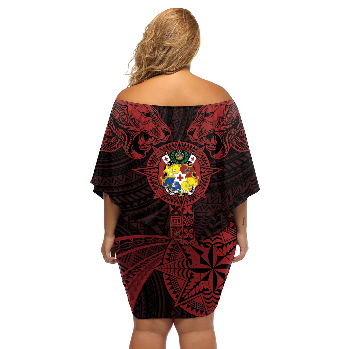 Tonga Independence Day Off Shoulder Short Dress Tongatapu Lion Ngatu Motifs Black Ver.