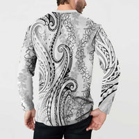 Polynesia Plumeria Lei Button Sweatshirt White Curves Motif