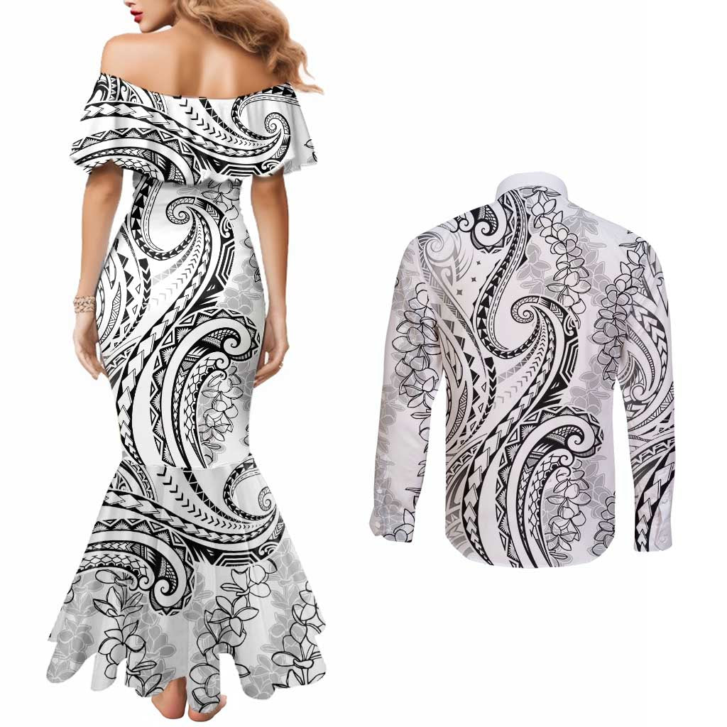 Polynesia Plumeria Lei Couples Matching Mermaid Dress and Long Sleeve Button Shirt White Curves Motif
