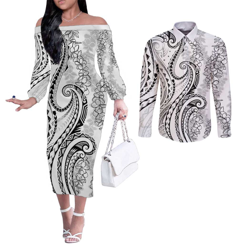 Polynesia Plumeria Lei Couples Matching Off The Shoulder Long Sleeve Dress and Long Sleeve Button Shirt White Curves Motif