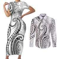 Polynesia Plumeria Lei Couples Matching Short Sleeve Bodycon Dress and Long Sleeve Button Shirt White Curves Motif