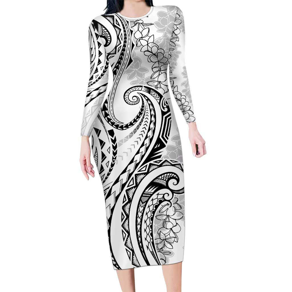 Polynesia Plumeria Lei Family Matching Long Sleeve Bodycon Dress and Hawaiian Shirt White Curves Motif LT7 Mom's Dress White - Polynesian Pride