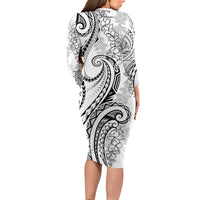 Polynesia Plumeria Lei Family Matching Long Sleeve Bodycon Dress and Hawaiian Shirt White Curves Motif LT7 - Polynesian Pride