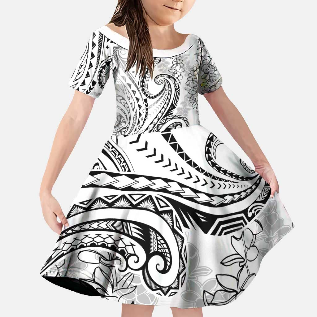 Polynesia Plumeria Lei Family Matching Mermaid Dress and Hawaiian Shirt White Curves Motif LT7 Daughter's Dress White - Polynesian Pride