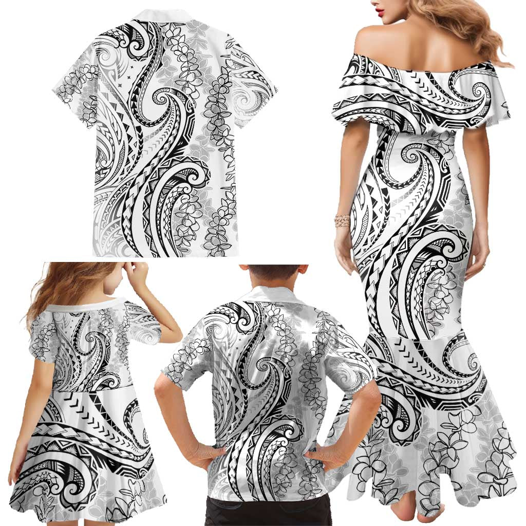 Polynesia Plumeria Lei Family Matching Mermaid Dress and Hawaiian Shirt White Curves Motif LT7 - Polynesian Pride