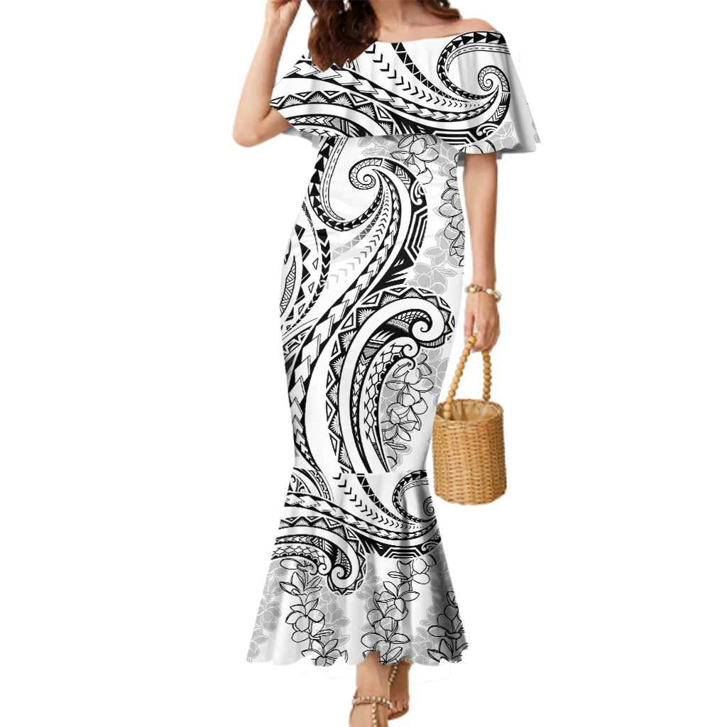 Polynesia Plumeria Lei Family Matching Mermaid Dress and Hawaiian Shirt White Curves Motif LT7 Mom's Dress White - Polynesian Pride