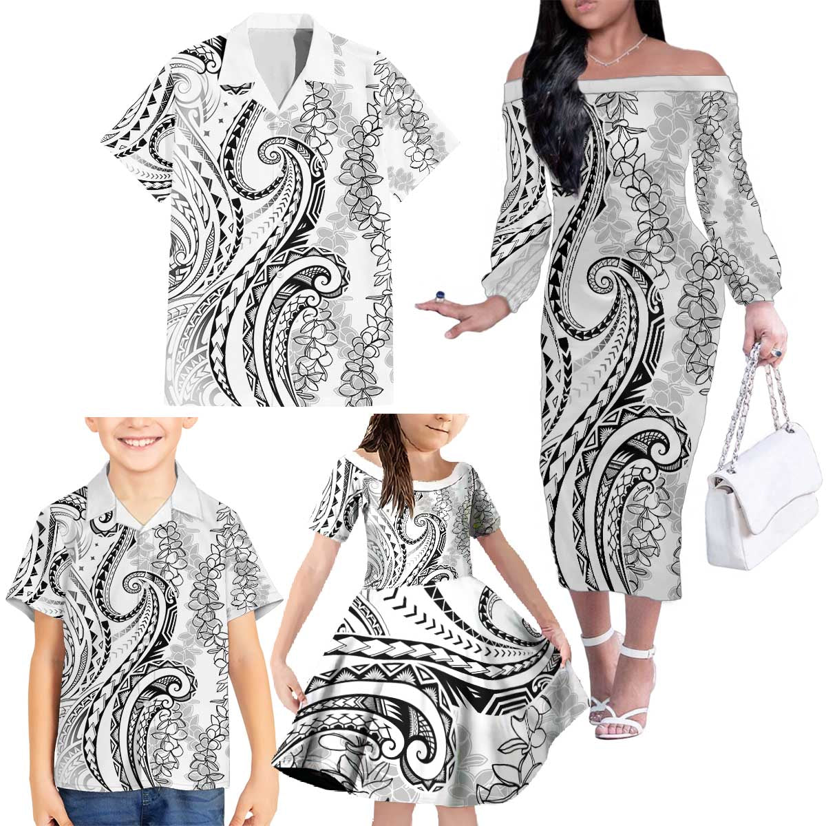Polynesia Plumeria Lei Family Matching Off The Shoulder Long Sleeve Dress and Hawaiian Shirt White Curves Motif LT7 - Polynesian Pride