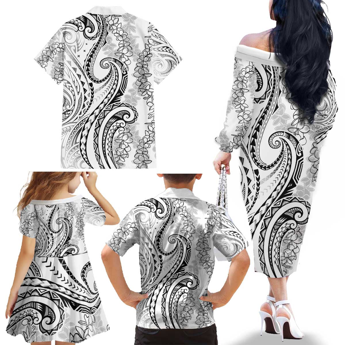 Polynesia Plumeria Lei Family Matching Off The Shoulder Long Sleeve Dress and Hawaiian Shirt White Curves Motif LT7 - Polynesian Pride