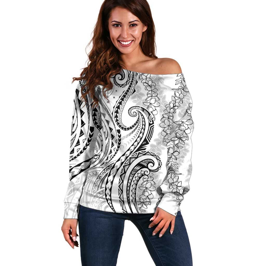 Polynesia Plumeria Lei Off Shoulder Sweater White Curves Motif