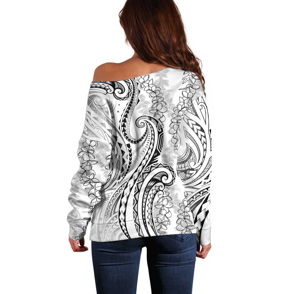 Polynesia Plumeria Lei Off Shoulder Sweater White Curves Motif