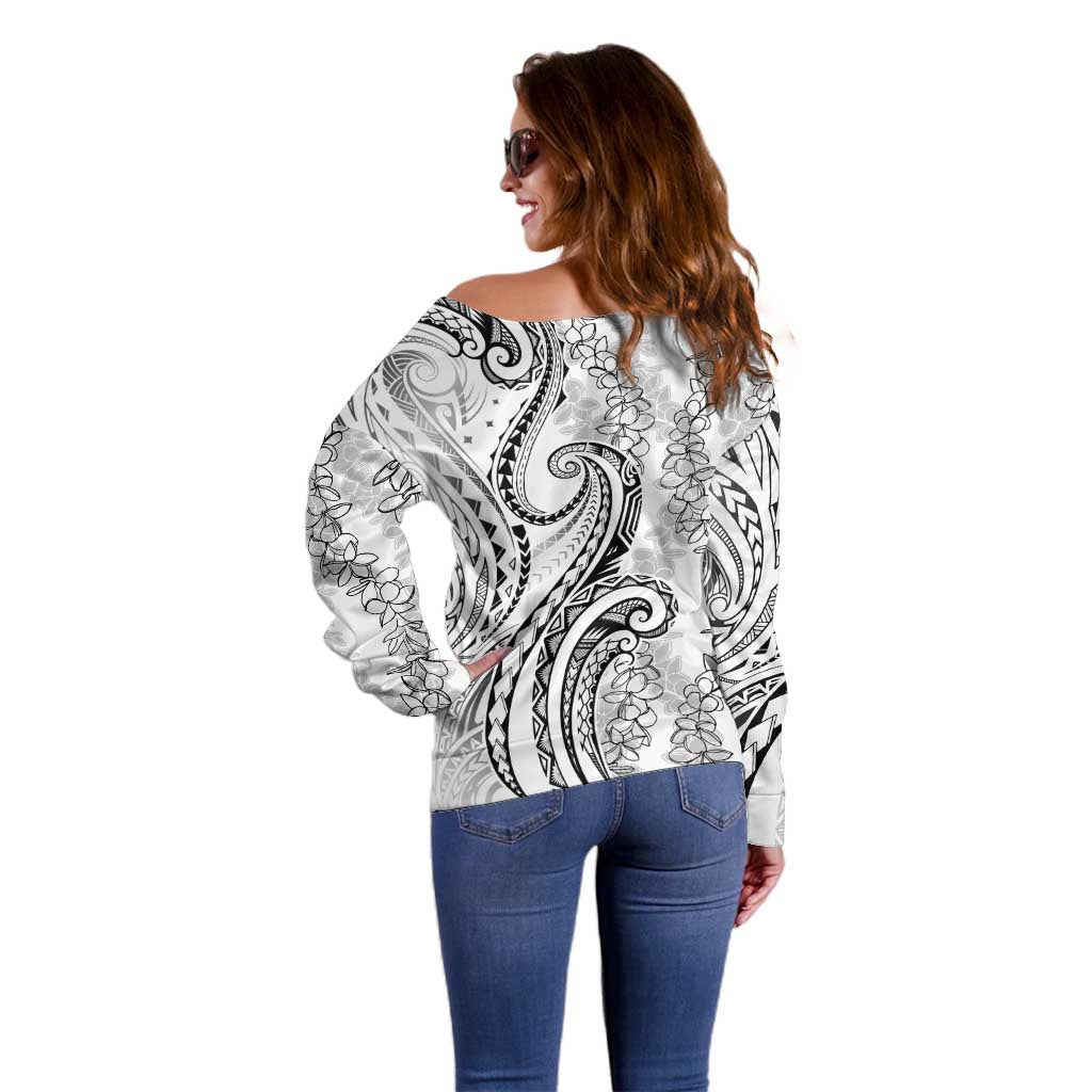 Polynesia Plumeria Lei Off Shoulder Sweater White Curves Motif