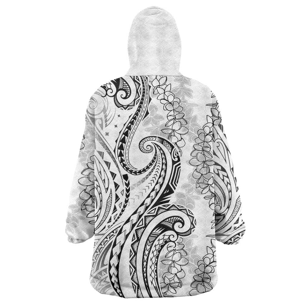 Polynesia Plumeria Lei Wearable Blanket Hoodie White Curves Motif