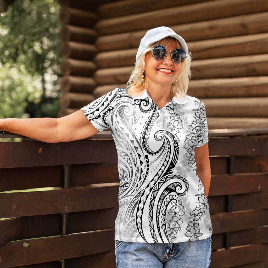 Polynesia Plumeria Lei Women Polo Shirt White Curves Motif LT7 - Polynesian Pride