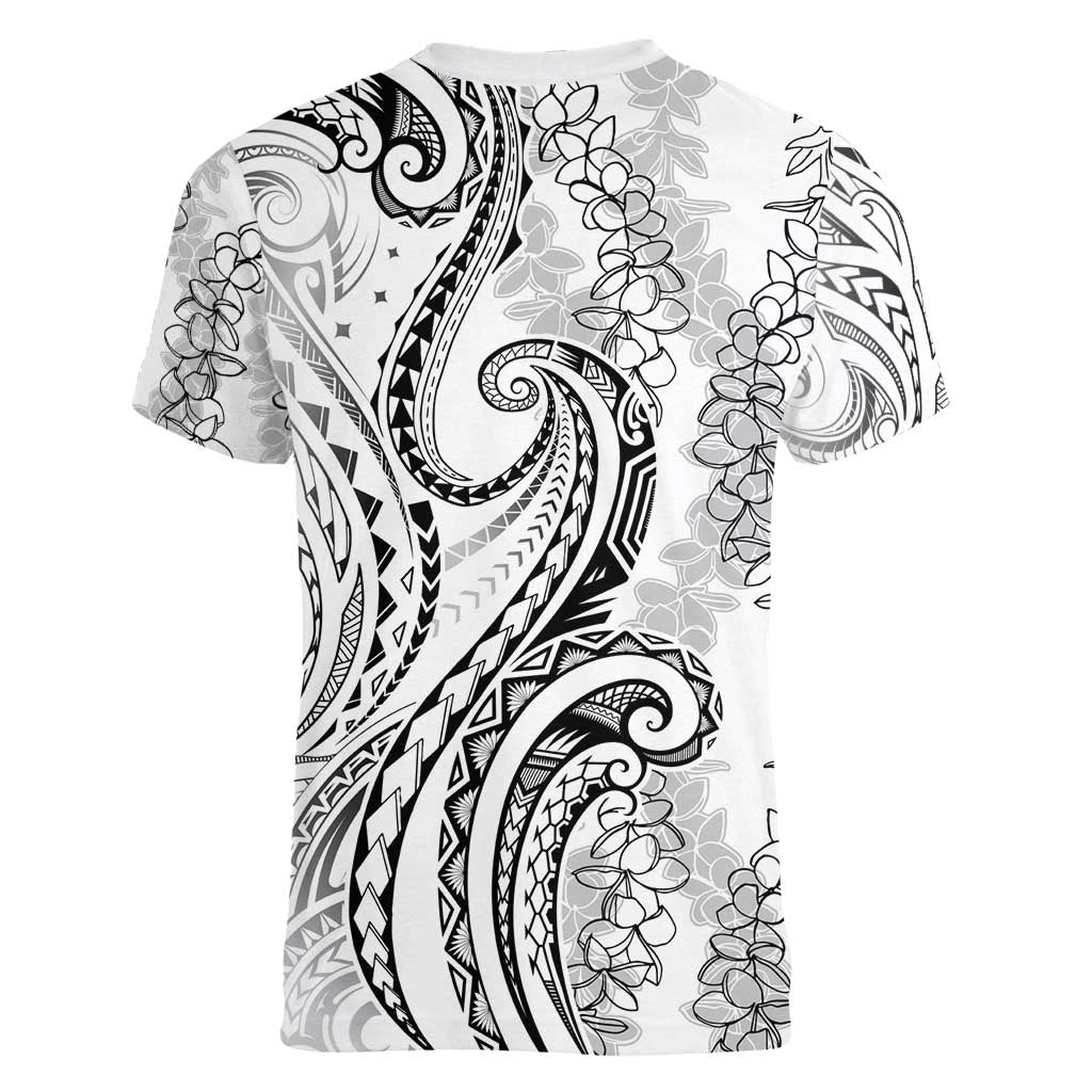 Polynesia Plumeria Lei Women V-Neck T-Shirt White Curves Motif