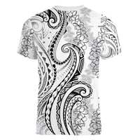 Polynesia Plumeria Lei Women V-Neck T-Shirt White Curves Motif