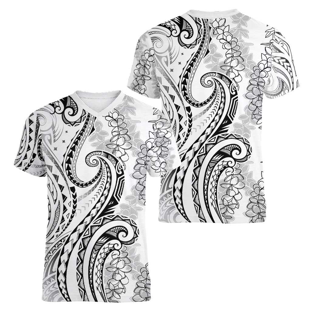 Polynesia Plumeria Lei Women V-Neck T-Shirt White Curves Motif