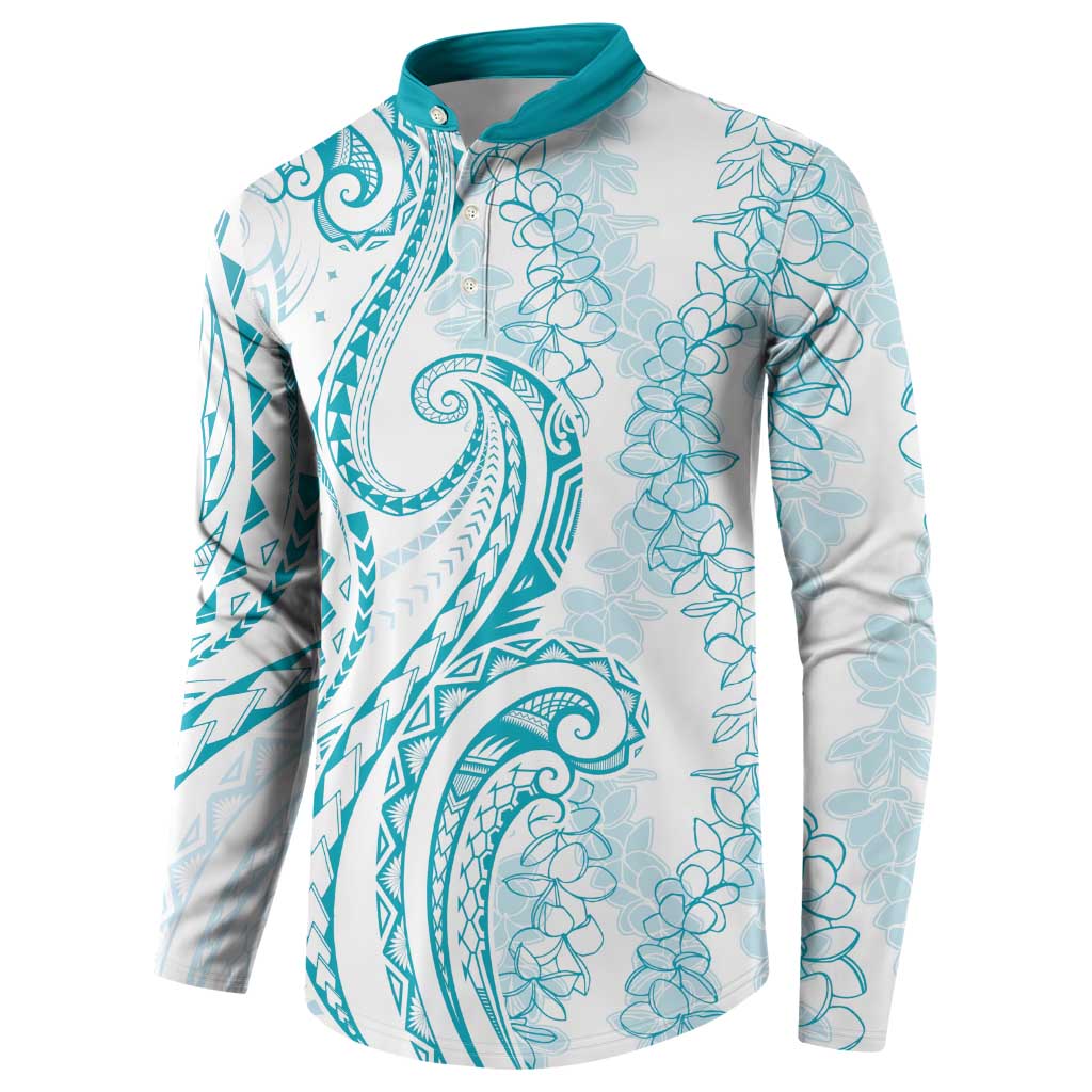 Polynesia Plumeria Lei Button Sweatshirt White Turquoise Curves Motif