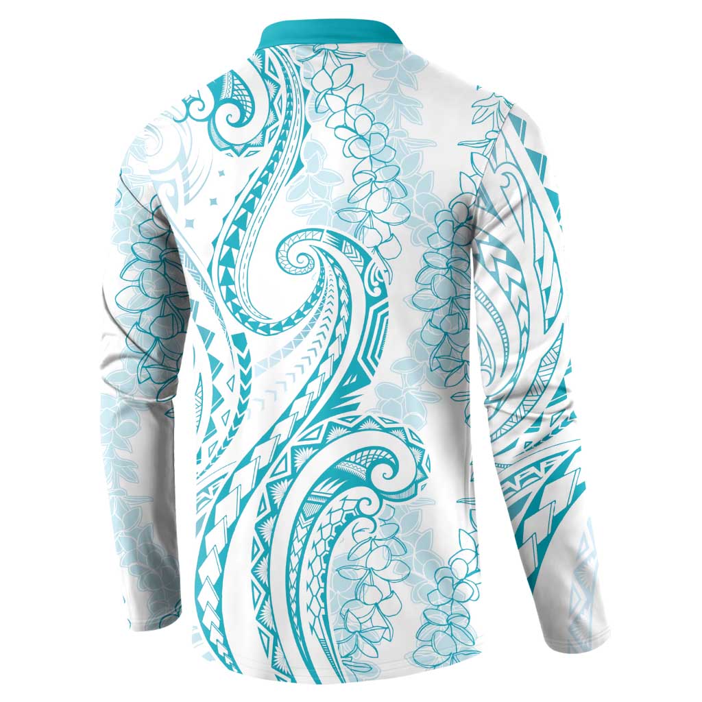 Polynesia Plumeria Lei Button Sweatshirt White Turquoise Curves Motif