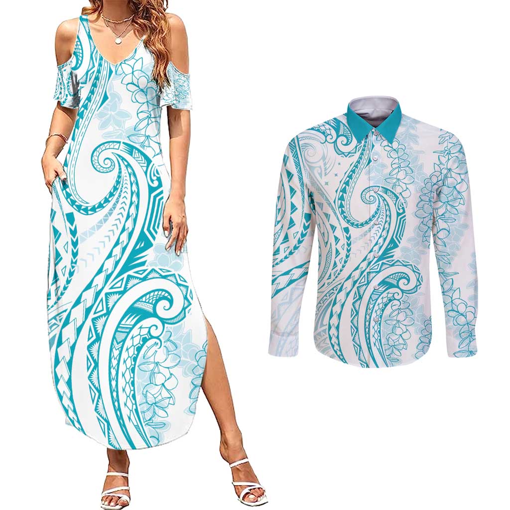 Polynesia Plumeria Lei Couples Matching Summer Maxi Dress and Long Sleeve Button Shirt White Turquoise Curves Motif