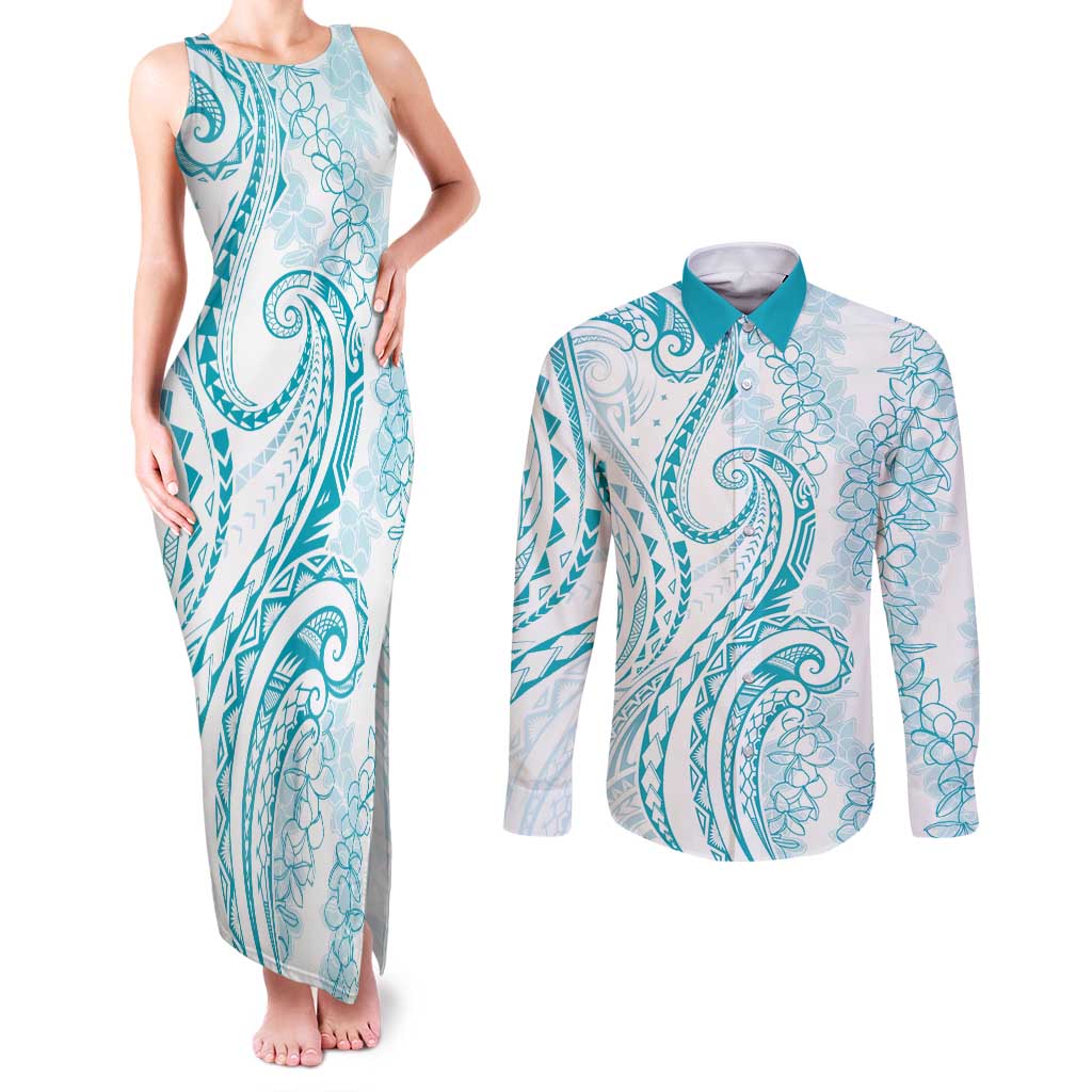 Polynesia Plumeria Lei Couples Matching Tank Maxi Dress and Long Sleeve Button Shirt White Turquoise Curves Motif