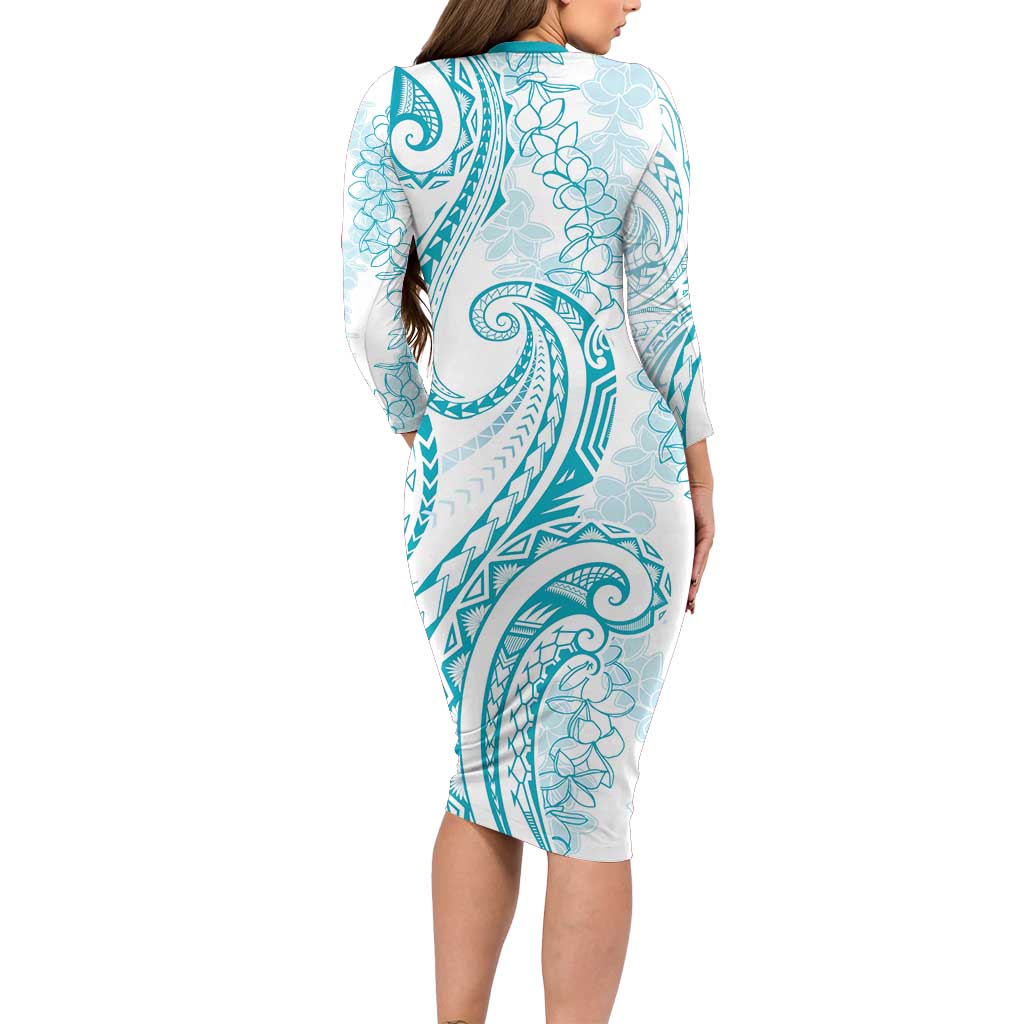 Polynesia Plumeria Lei Family Matching Long Sleeve Bodycon Dress and Hawaiian Shirt White Turquoise Curves Motif LT7 - Polynesian Pride