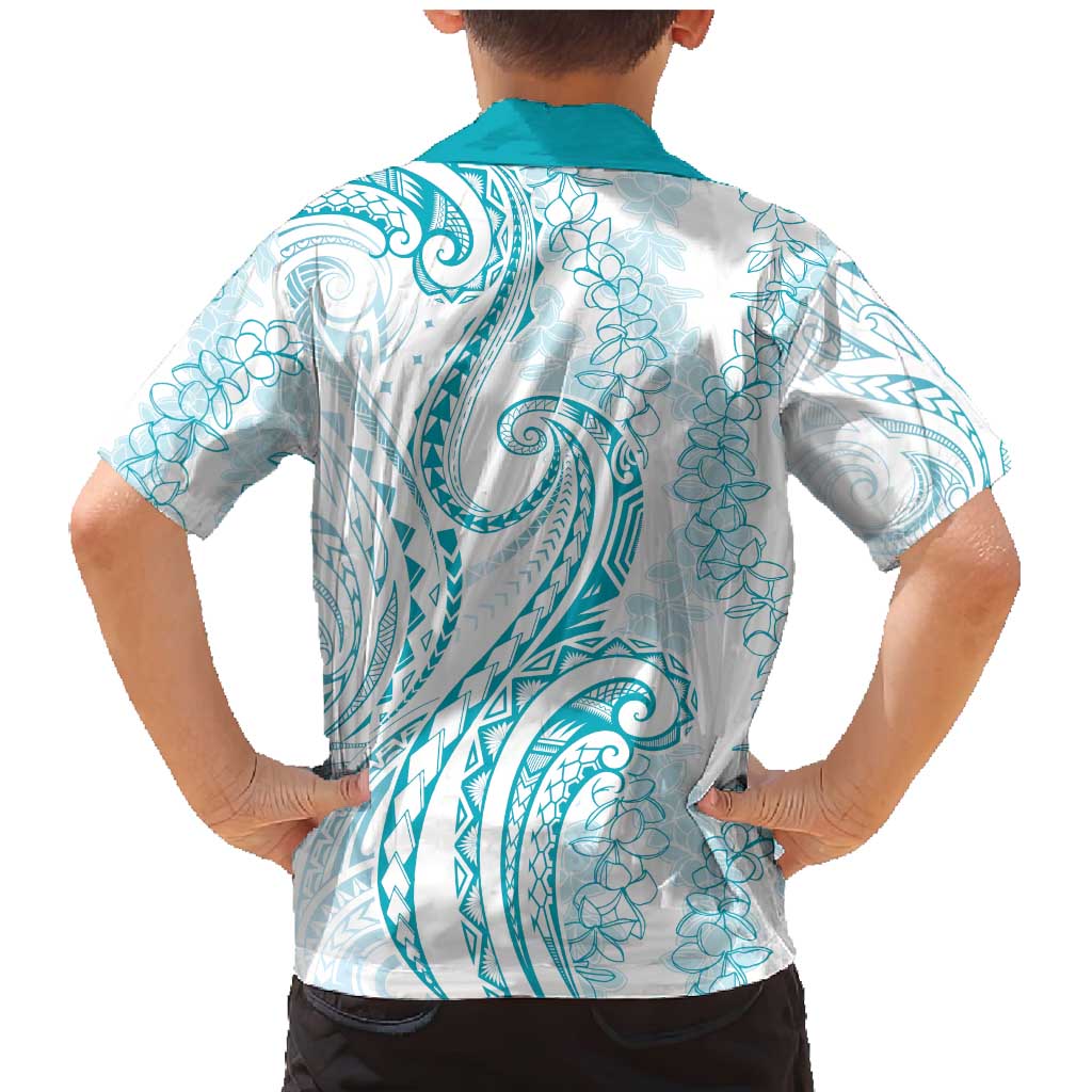 Polynesia Plumeria Lei Family Matching Mermaid Dress and Hawaiian Shirt White Turquoise Curves Motif LT7 - Polynesian Pride