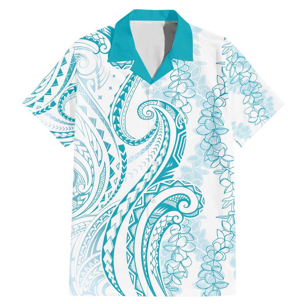 Polynesia Plumeria Lei Family Matching Mermaid Dress and Hawaiian Shirt White Turquoise Curves Motif LT7 Dad's Shirt - Short Sleeve Turquoise - Polynesian Pride