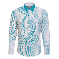 Polynesia Plumeria Lei Family Matching Mermaid Dress and Hawaiian Shirt White Turquoise Curves Motif LT7 Dad's Shirt - Long Sleeve Turquoise - Polynesian Pride