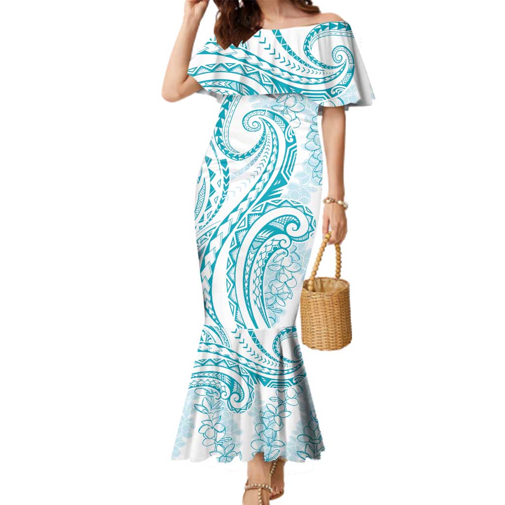 Polynesia Plumeria Lei Family Matching Mermaid Dress and Hawaiian Shirt White Turquoise Curves Motif LT7 Mom's Dress Turquoise - Polynesian Pride