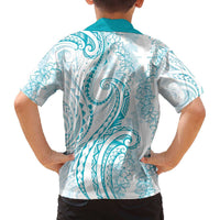 Polynesia Plumeria Lei Family Matching Off The Shoulder Long Sleeve Dress and Hawaiian Shirt White Turquoise Curves Motif LT7 - Polynesian Pride