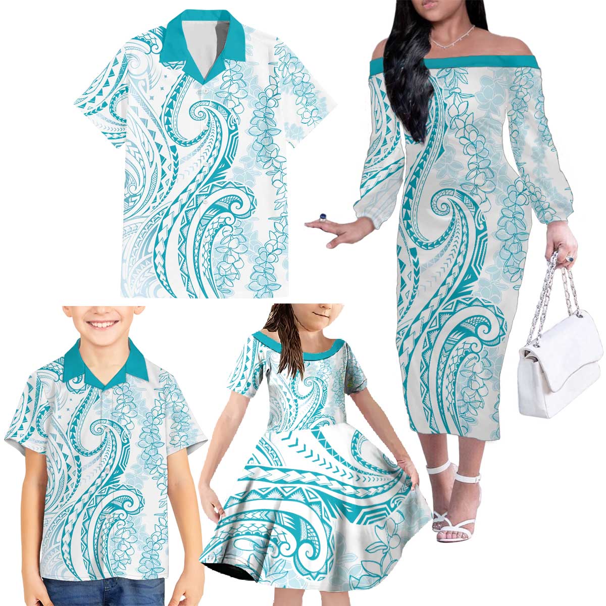 Polynesia Plumeria Lei Family Matching Off The Shoulder Long Sleeve Dress and Hawaiian Shirt White Turquoise Curves Motif LT7 - Polynesian Pride