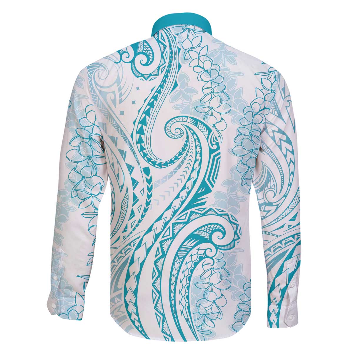 Polynesia Plumeria Lei Family Matching Off The Shoulder Long Sleeve Dress and Hawaiian Shirt White Turquoise Curves Motif LT7 - Polynesian Pride