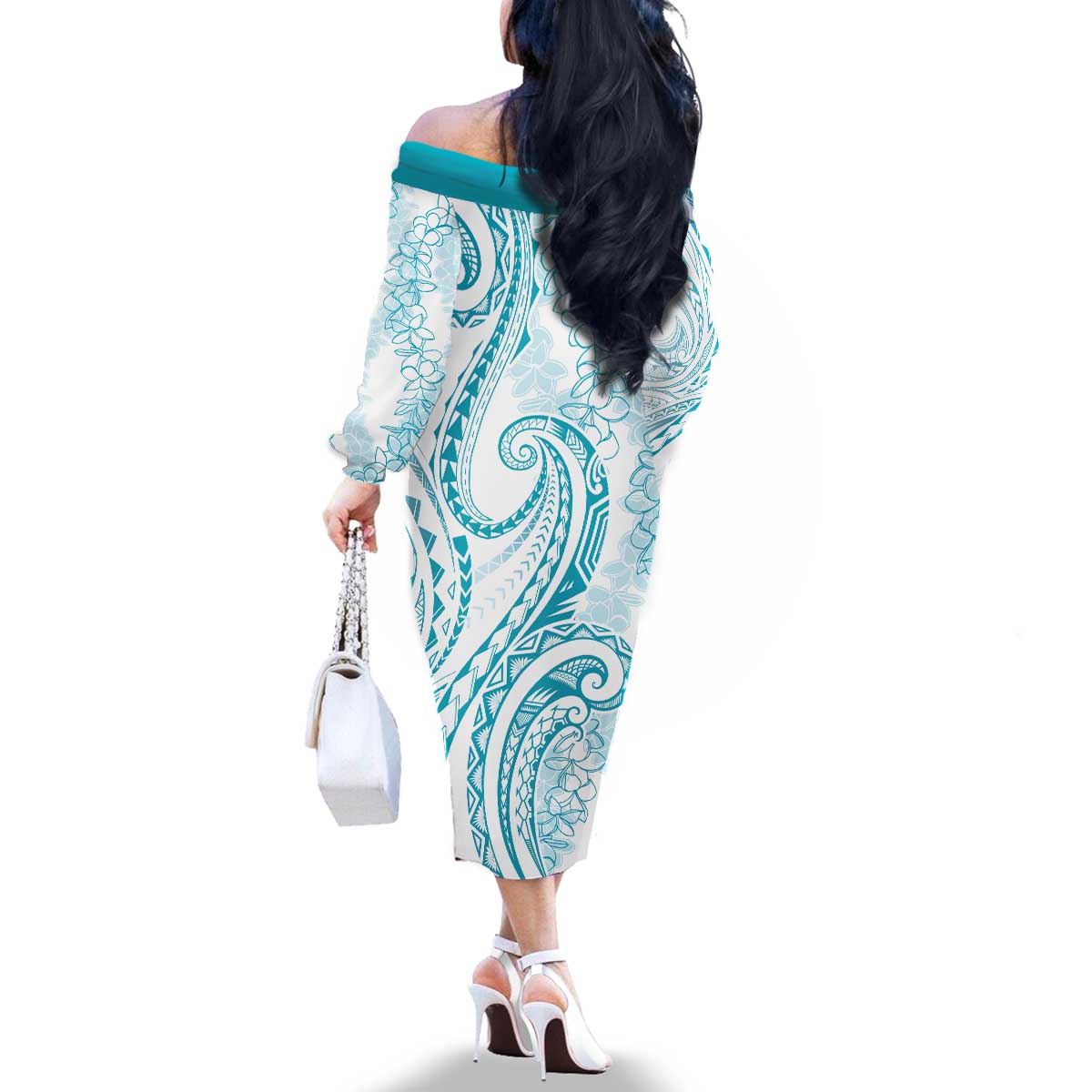 Polynesia Plumeria Lei Family Matching Off The Shoulder Long Sleeve Dress and Hawaiian Shirt White Turquoise Curves Motif LT7 - Polynesian Pride
