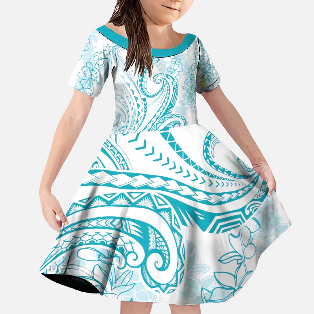 Polynesia Plumeria Lei Family Matching Off Shoulder Maxi Dress and Hawaiian Shirt White Turquoise Curves Motif LT7 Daughter's Dress Turquoise - Polynesian Pride