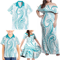 Polynesia Plumeria Lei Family Matching Off Shoulder Maxi Dress and Hawaiian Shirt White Turquoise Curves Motif LT7 - Polynesian Pride