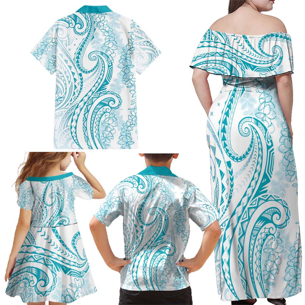 Polynesia Plumeria Lei Family Matching Off Shoulder Maxi Dress and Hawaiian Shirt White Turquoise Curves Motif LT7 - Polynesian Pride