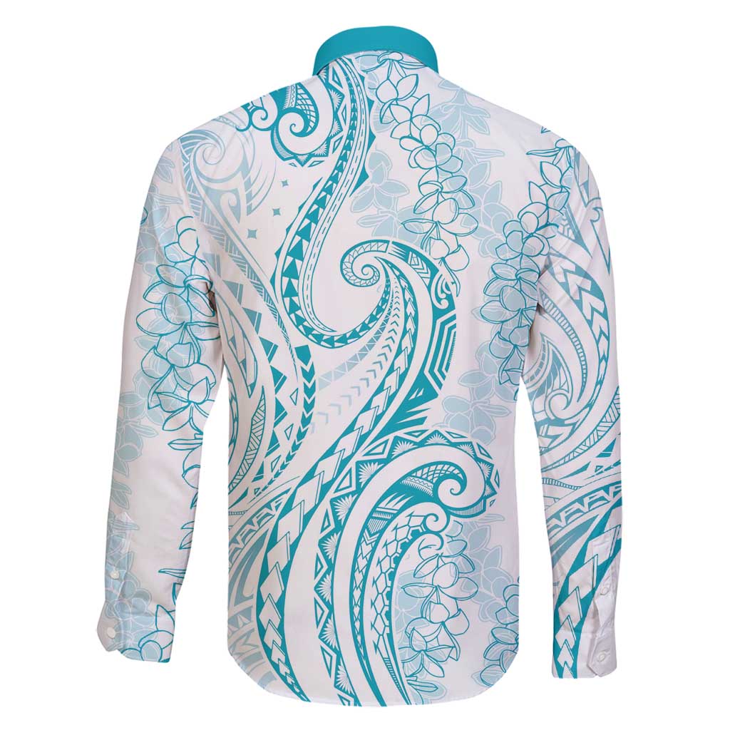Polynesia Plumeria Lei Family Matching Off Shoulder Maxi Dress and Hawaiian Shirt White Turquoise Curves Motif LT7 - Polynesian Pride
