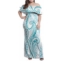 Polynesia Plumeria Lei Family Matching Off Shoulder Maxi Dress and Hawaiian Shirt White Turquoise Curves Motif LT7 Mom's Dress Turquoise - Polynesian Pride