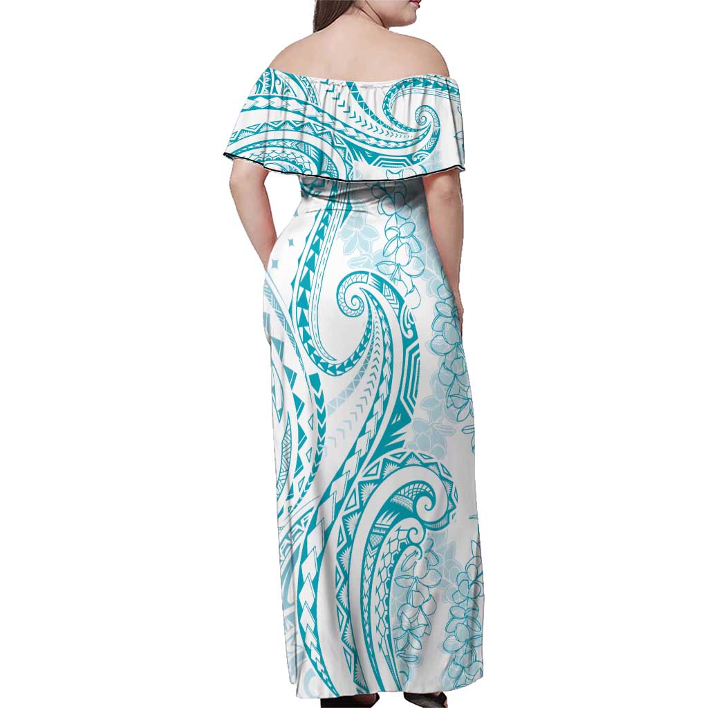 Polynesia Plumeria Lei Family Matching Off Shoulder Maxi Dress and Hawaiian Shirt White Turquoise Curves Motif LT7 - Polynesian Pride