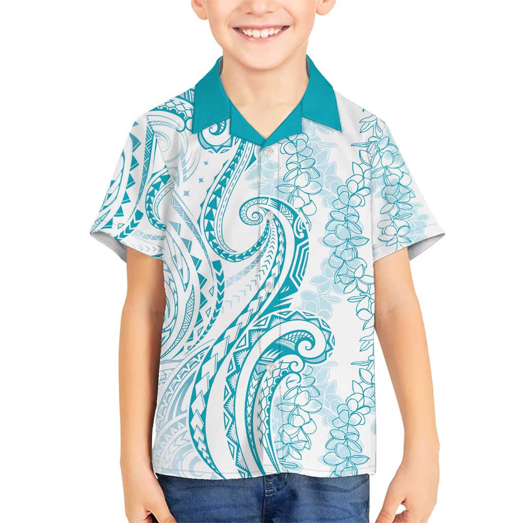 Polynesia Plumeria Lei Family Matching Off Shoulder Maxi Dress and Hawaiian Shirt White Turquoise Curves Motif LT7 Son's Shirt Turquoise - Polynesian Pride