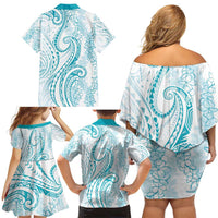 Polynesia Plumeria Lei Family Matching Off Shoulder Short Dress and Hawaiian Shirt White Turquoise Curves Motif LT7 - Polynesian Pride