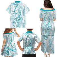 Polynesia Plumeria Lei Family Matching Puletasi and Hawaiian Shirt White Turquoise Curves Motif