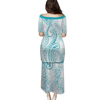 Polynesia Plumeria Lei Family Matching Puletasi and Hawaiian Shirt White Turquoise Curves Motif