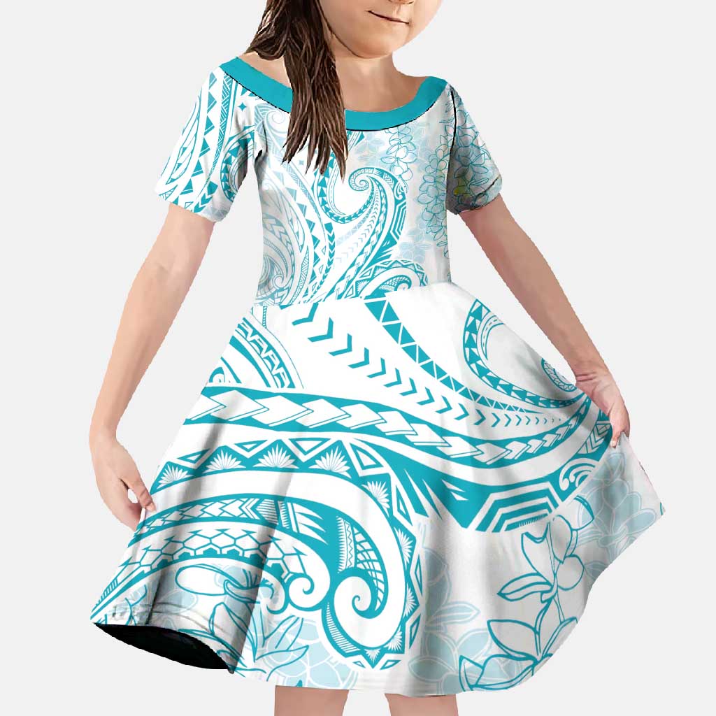 Polynesia Plumeria Lei Family Matching Short Sleeve Bodycon Dress and Hawaiian Shirt White Turquoise Curves Motif LT7 Daughter's Dress Turquoise - Polynesian Pride