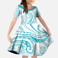 Polynesia Plumeria Lei Family Matching Short Sleeve Bodycon Dress and Hawaiian Shirt White Turquoise Curves Motif LT7 Daughter's Dress Turquoise - Polynesian Pride