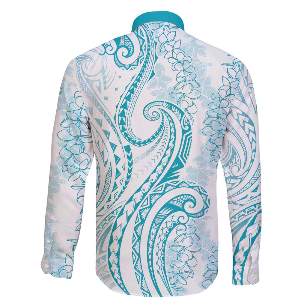 Polynesia Plumeria Lei Family Matching Short Sleeve Bodycon Dress and Hawaiian Shirt White Turquoise Curves Motif LT7 - Polynesian Pride