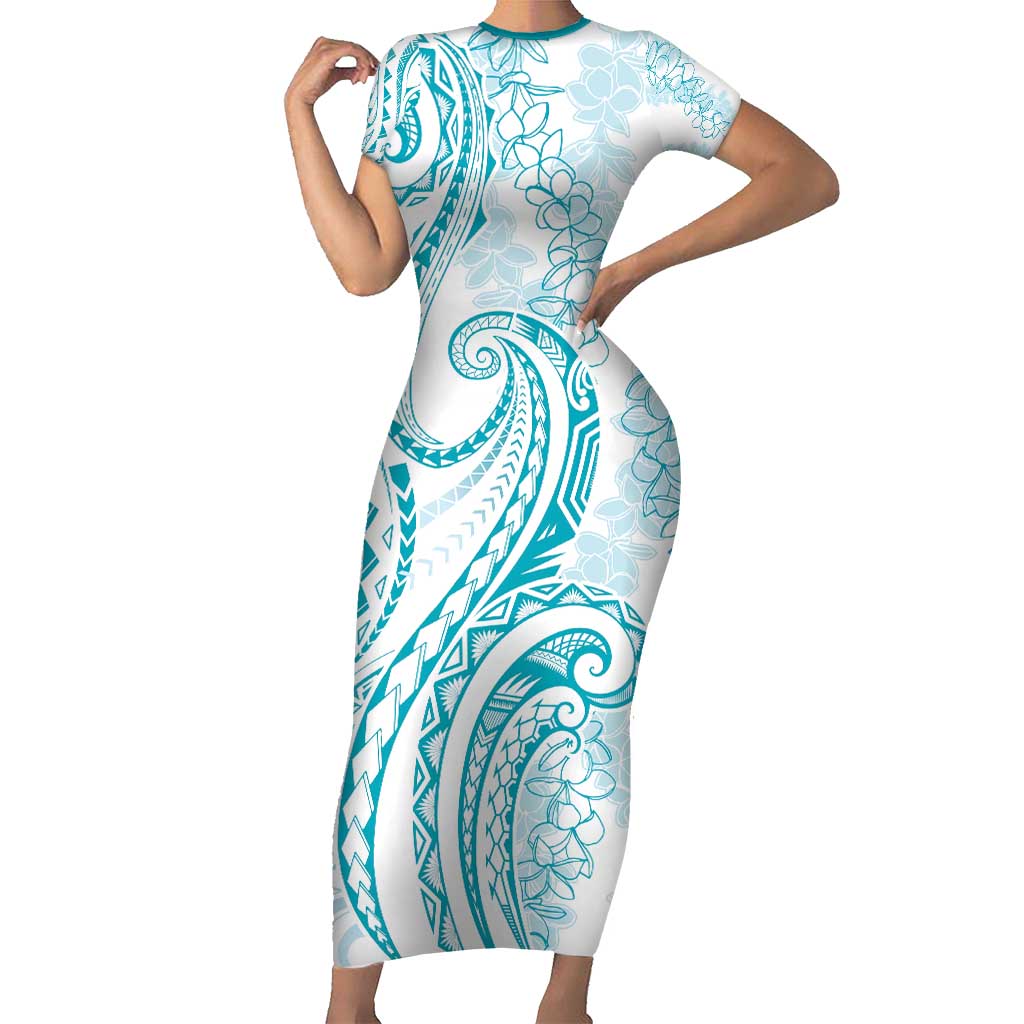 Polynesia Plumeria Lei Family Matching Short Sleeve Bodycon Dress and Hawaiian Shirt White Turquoise Curves Motif LT7 Mom's Dress Turquoise - Polynesian Pride
