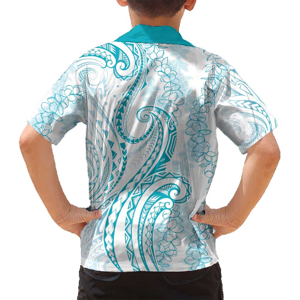 Polynesia Plumeria Lei Family Matching Tank Maxi Dress and Hawaiian Shirt White Turquoise Curves Motif LT7 - Polynesian Pride