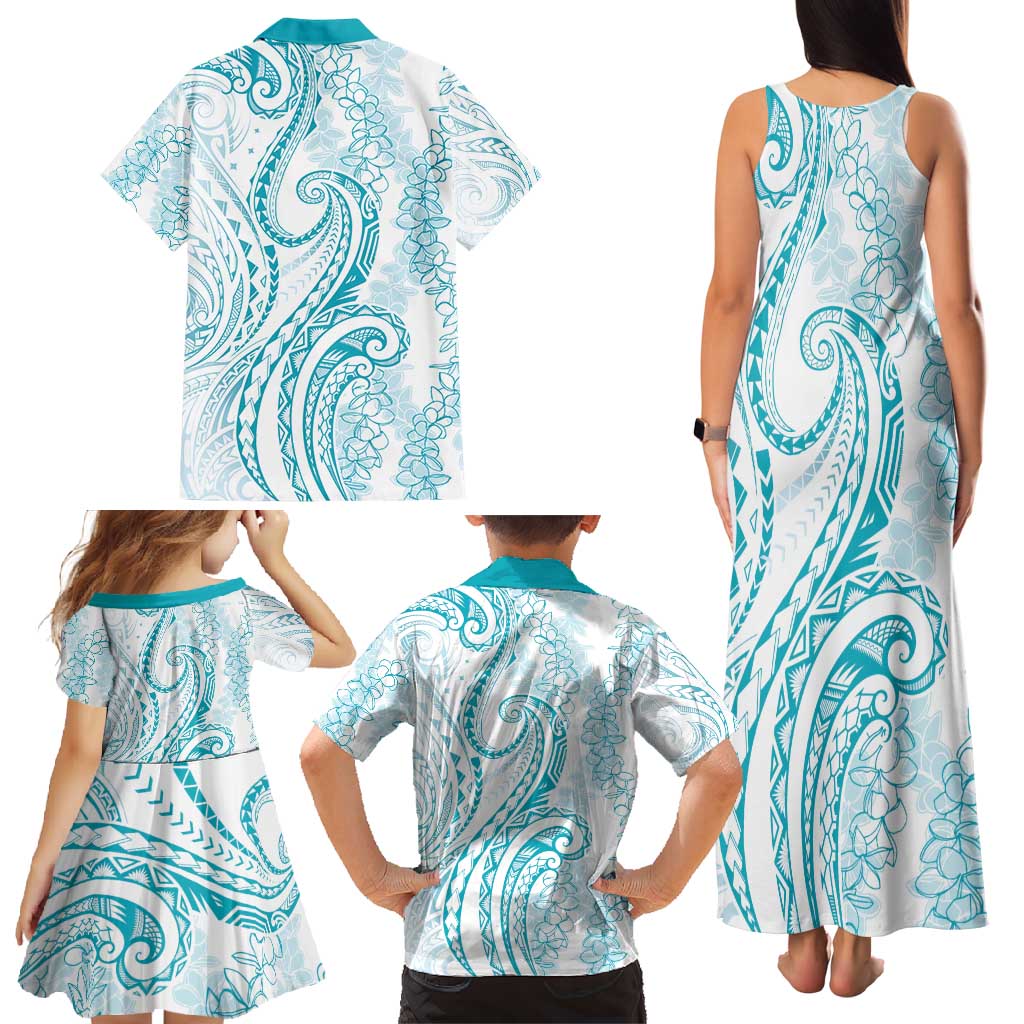 Polynesia Plumeria Lei Family Matching Tank Maxi Dress and Hawaiian Shirt White Turquoise Curves Motif LT7 - Polynesian Pride